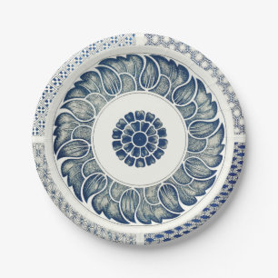Assiettes En Carton Blanc bleu Floral chinois rond