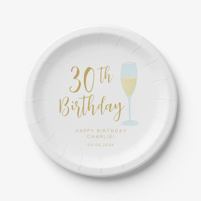 Assiettes En Carton Blanc et or Trente lettres d'anniversaire (Devant)