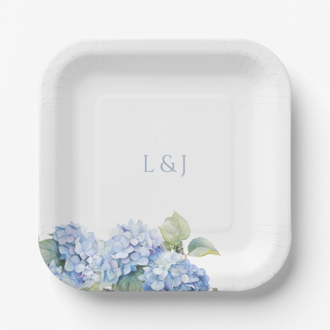 Assiettes En Carton Blanc Floral Blue Hydrangea Initiales Mariage (Recto)