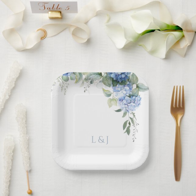Assiettes En Carton Blanc Floral Blue Hydrangea Initiales Mariage (Mariage)