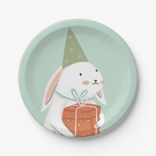 Assiettes En Carton Blanc mignonne lapin Anniversaire (Devant)