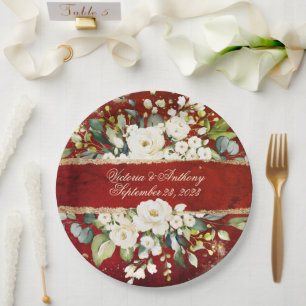 Assiettes En Carton Blanc or Botanique Floral Rustique Rouge Mariage P