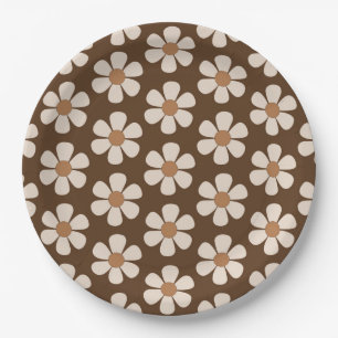 Assiettes En Carton Blanc rétro et Brown 60s Vintage Daisy Motif