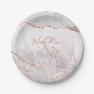 Assiettes En Carton Blanc & Rose Gold Agate Marbre Mariage Monogramme