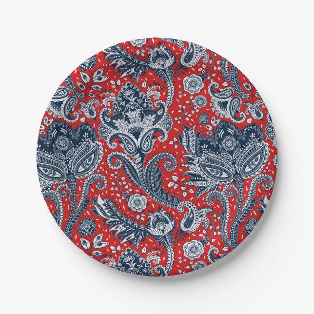Assiettes En Carton Blanc rouge et bleu Floral Paisley Bohemian Boho (Devant)