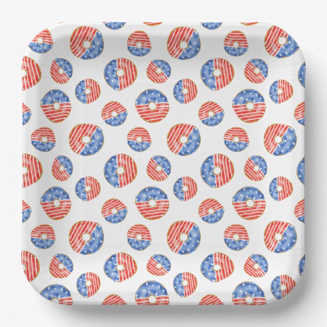 ASSIETTES EN CARTON BLANC ROUGE PATRIOTIQUE DONUTS BLEUS BLANCS (Recto)