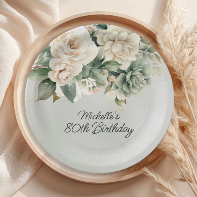 Assiettes En Carton Blanc Sage Vert Floral Or 80e anniversaire (White and sage green floral birthday party paper plates)