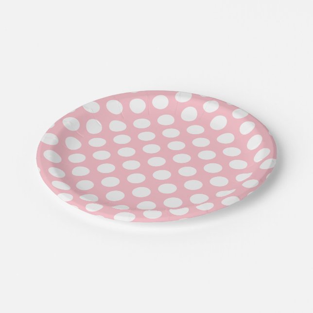 Assiettes En Carton Blanc sur rose grand format Pois (Angle)
