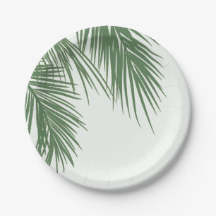Assiettes En Carton Blanc Vert Élégant Feuilles de Palmier Tropicales