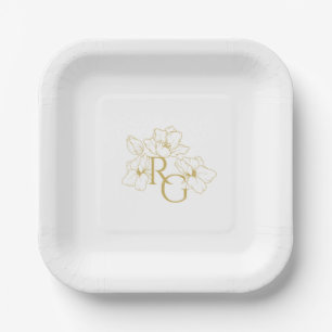 Assiettes En Carton BLANCHE Chic Faux Gold Monogram Mariage