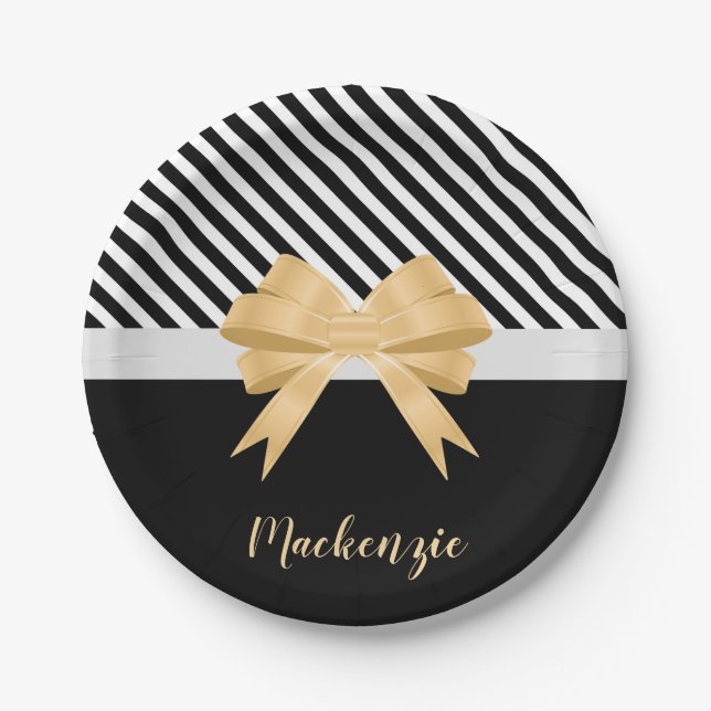 Assiettes En Carton Blancs noirs Goldem Bow (Devant)