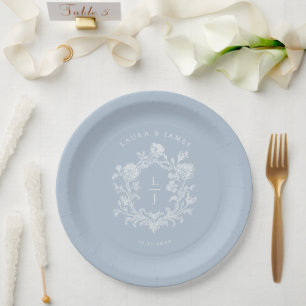Assiettes En Carton Blason Floral Bleu Élégant Monogramme de Mariage