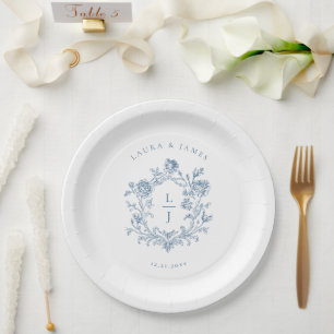 Assiettes En Carton Blason Floral Bleu Élégant Monogramme de Mariage