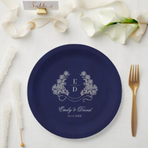 Assiettes En Carton Blason Floral Heritage Navy Monogramme Mariage