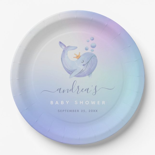 Assiettes En Carton Bleu Aquarelle Baleine Mer thème Baby shower Océan (Devant)