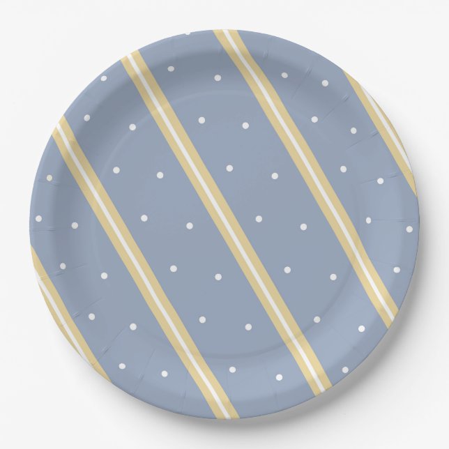 Assiettes En Carton Bleu avec bande de sable et points blancs (Devant)