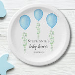 Assiettes En Carton Bleu Balloon Baby shower verdure<br><div class="desc">La plaque de papier Baby shower de ce garçon est décorée de ballons bleu aquarelle et de végétation d'eucalyptus. Facile à personnaliser. Utilisez l'outil de conception pour modifier la taille, le style ou la couleur du texte. Parce que nous créons notre oeuvre, vous ne trouverez pas cette image exacte d'autres...</div>