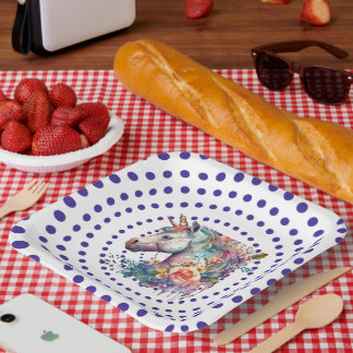 Assiettes En Carton Bleu blanc Arrière - plan Floral Unicorn