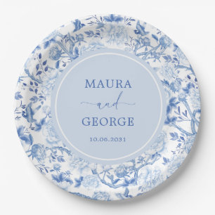 Assiettes En Carton Bleu Blanc Chinoiserie Floral Mariage Monogram