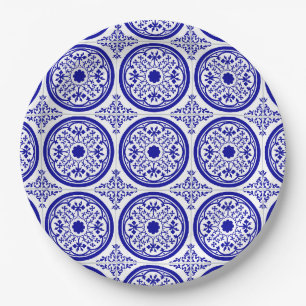 Assiettes En Carton Bleu blanc Motif carrelage gothique