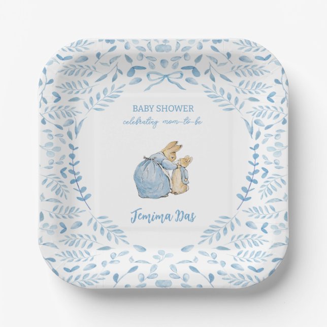 Assiettes En Carton Bleu blanc Pierre le lapin Baby shower Beatrix (Recto)
