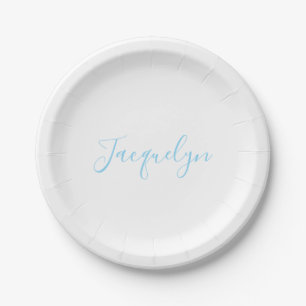 Assiettes En Carton Bleu Blanc Plaine Élégant Moderne Calligraphie Nom