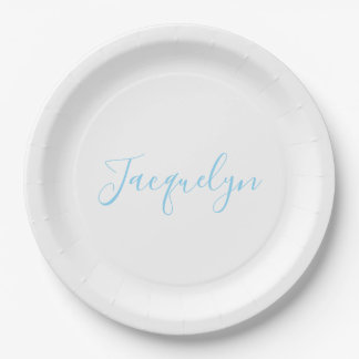 Assiettes En Carton Bleu Blanc Plaine Élégant Moderne Calligraphie Nom
