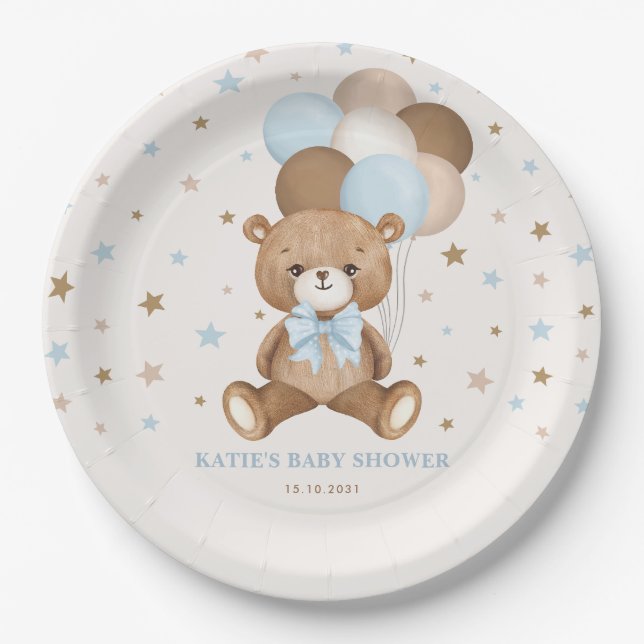 Assiettes En Carton Bleu bleu Brown Teddy Bear Balloons (Devant)