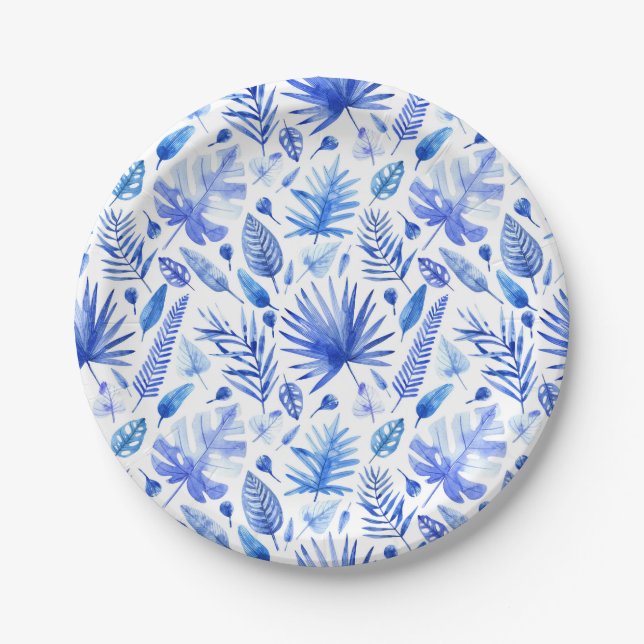 Assiettes En Carton Bleu Bleu Tropical Feuille Motif 7" (Devant)