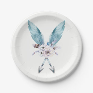 Assiettes En Carton Bleu Boho Bohème Flèches Plume Floral Fête