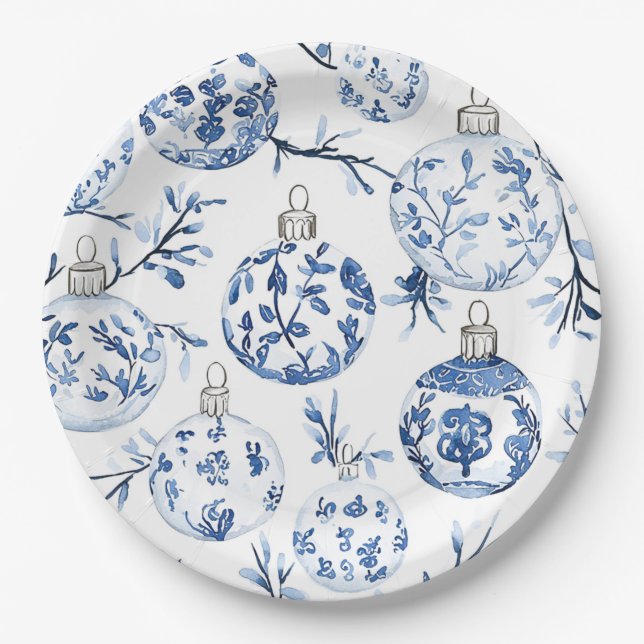 Assiettes En Carton Bleu Chic Ornements de Noël Blancs (Devant)