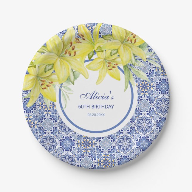 Assiettes En Carton Bleu Chic Portugais Azulejo Jaune Lily Anniversair (Devant)