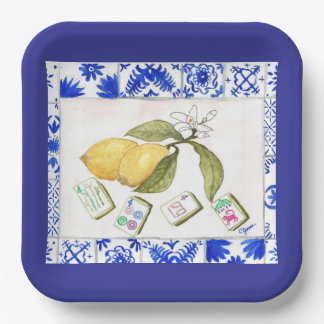 Assiettes En Carton bleu citron mahjong