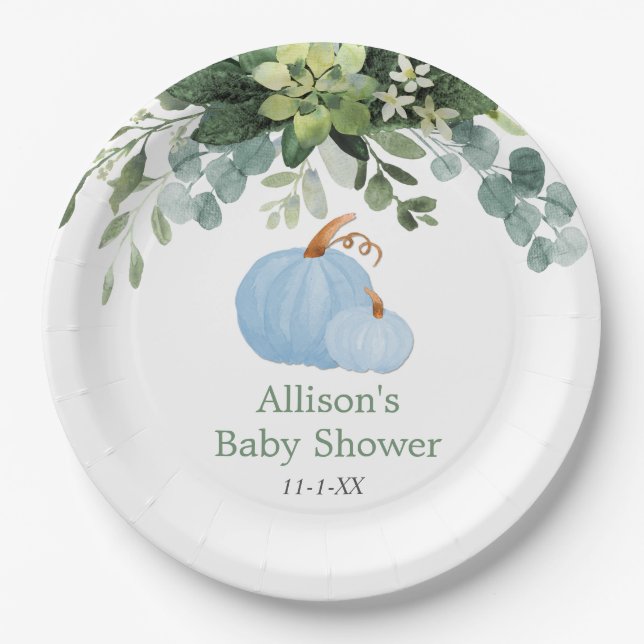Assiettes En Carton Bleu citrouille automne baby shower d'eucalyptus (Devant)