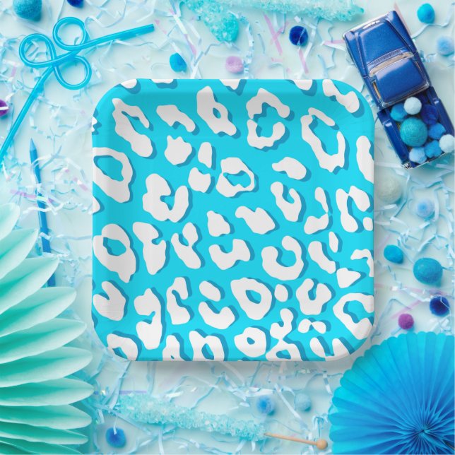 Assiettes En Carton Bleu clair Empreinte de léopard blanc (Fête)