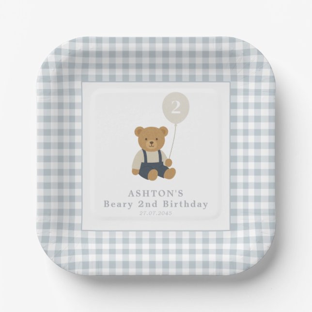 Assiettes En Carton Bleu clair En vichy Teddy Bear Anniversaire (Recto)