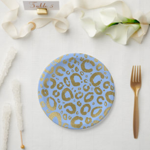 Assiettes En Carton Bleu clair et or pailleté imprimé léopard pour une