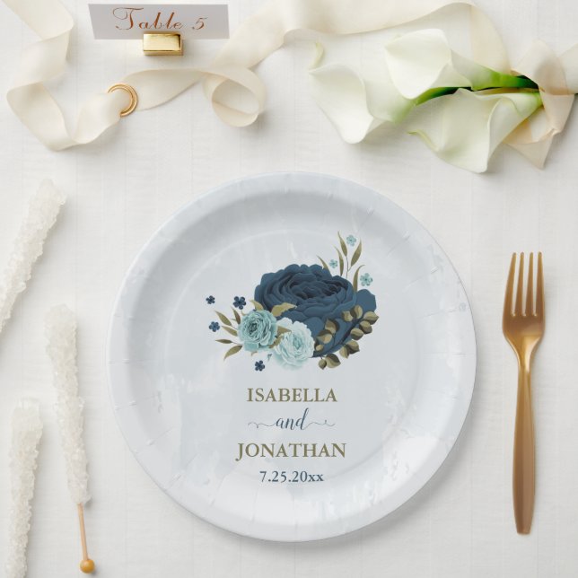 Assiettes En Carton bleu clair marine fleurs mariage (Mariage)