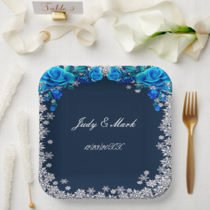 Assiettes En Carton Bleu clair Roses Snowflake Mariage de Noël