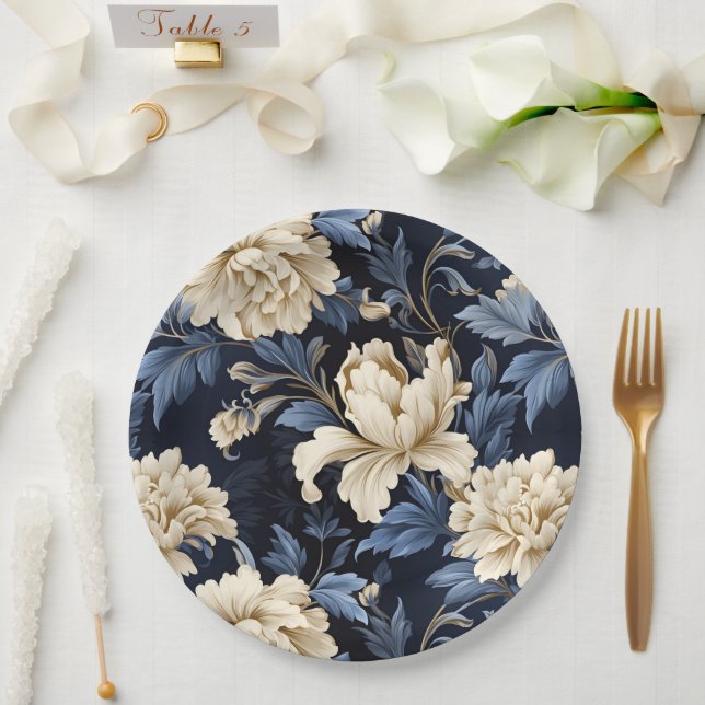 Assiettes En Carton Bleu & Crème Floral Peony (Mariage)