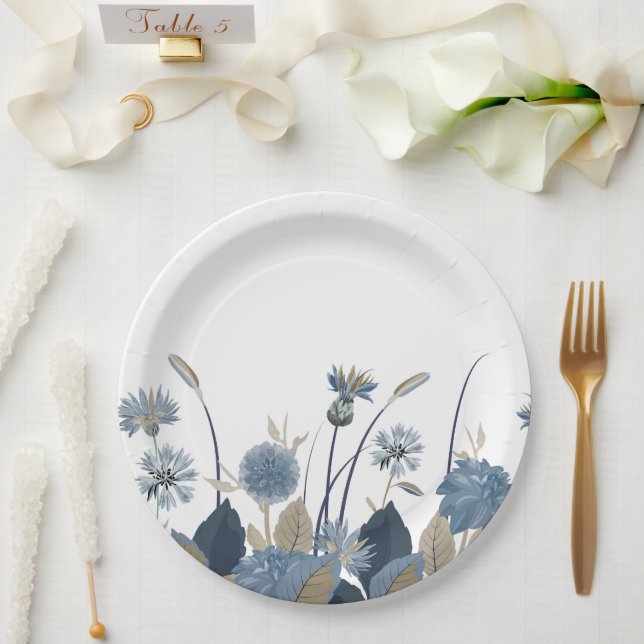 Assiettes En Carton Bleu Dahlias Cornflower (Mariage)