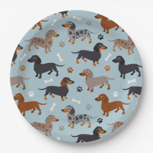 Assiettes En Carton Bleu de Dachshund Paws et Bones Motif