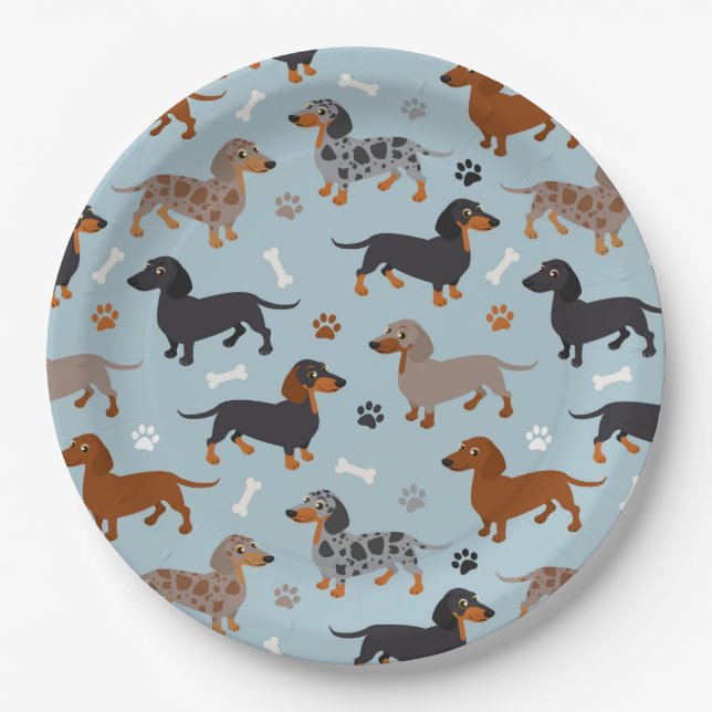 Assiettes En Carton Bleu de Dachshund Paws et Bones Motif (Devant)