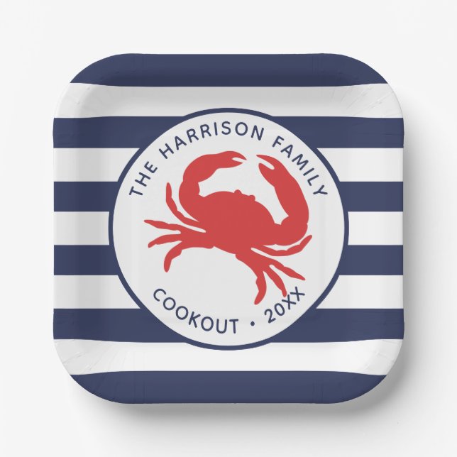 Assiettes En Carton Bleu de la Marine Nautique Bleu crabe rouge (Recto)