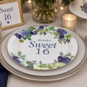 Assiettes En Carton Bleu de marine Vert sauge Floral Douce 16e Anniver