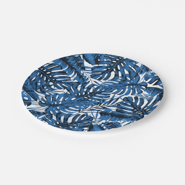 Assiettes En Carton Bleu Denim Moyen Feuilles de Palmier Tropicales Ma (Angle)