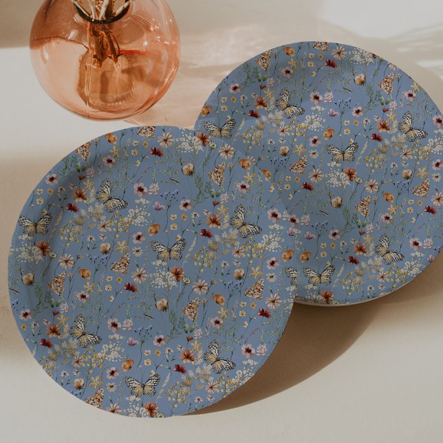 Assiettes En Carton Bleu des papillons (Dusty Blue Boho Floral Butterflies Paper Plates by Painted Paperie
)