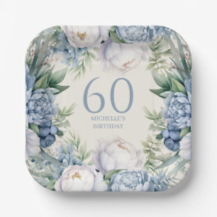 Assiettes En Carton Bleu Duché Blanc Floral 60e anniversaire