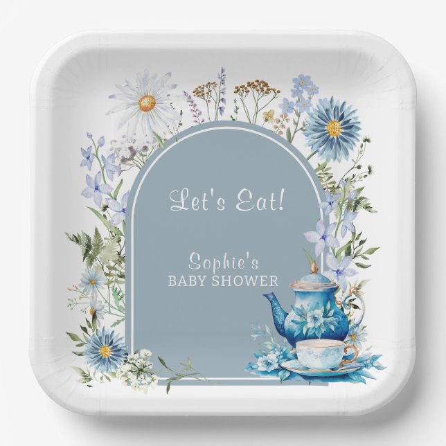 Assiettes En Carton Bleu Dusty Pour Le Baby shower De Jardin Tea Boho (Recto)