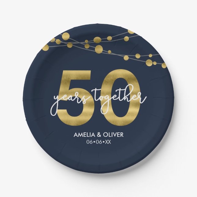 Assiettes En Carton Bleu Élégant cordes de lumière 50e anniversaire (Devant)